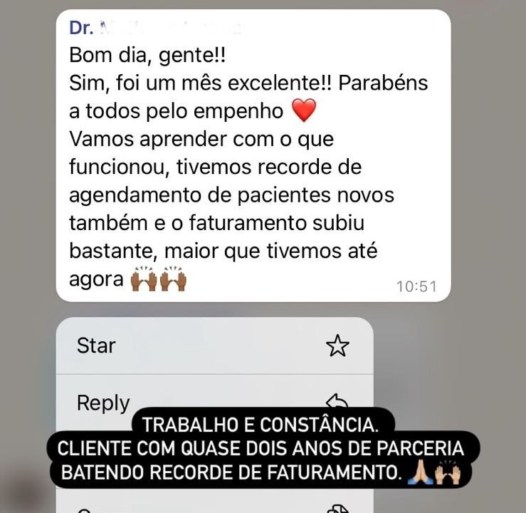 Print real de WhatsApp: cliente relata recorde de agendamento de pacientes novos e alta no faturamento.